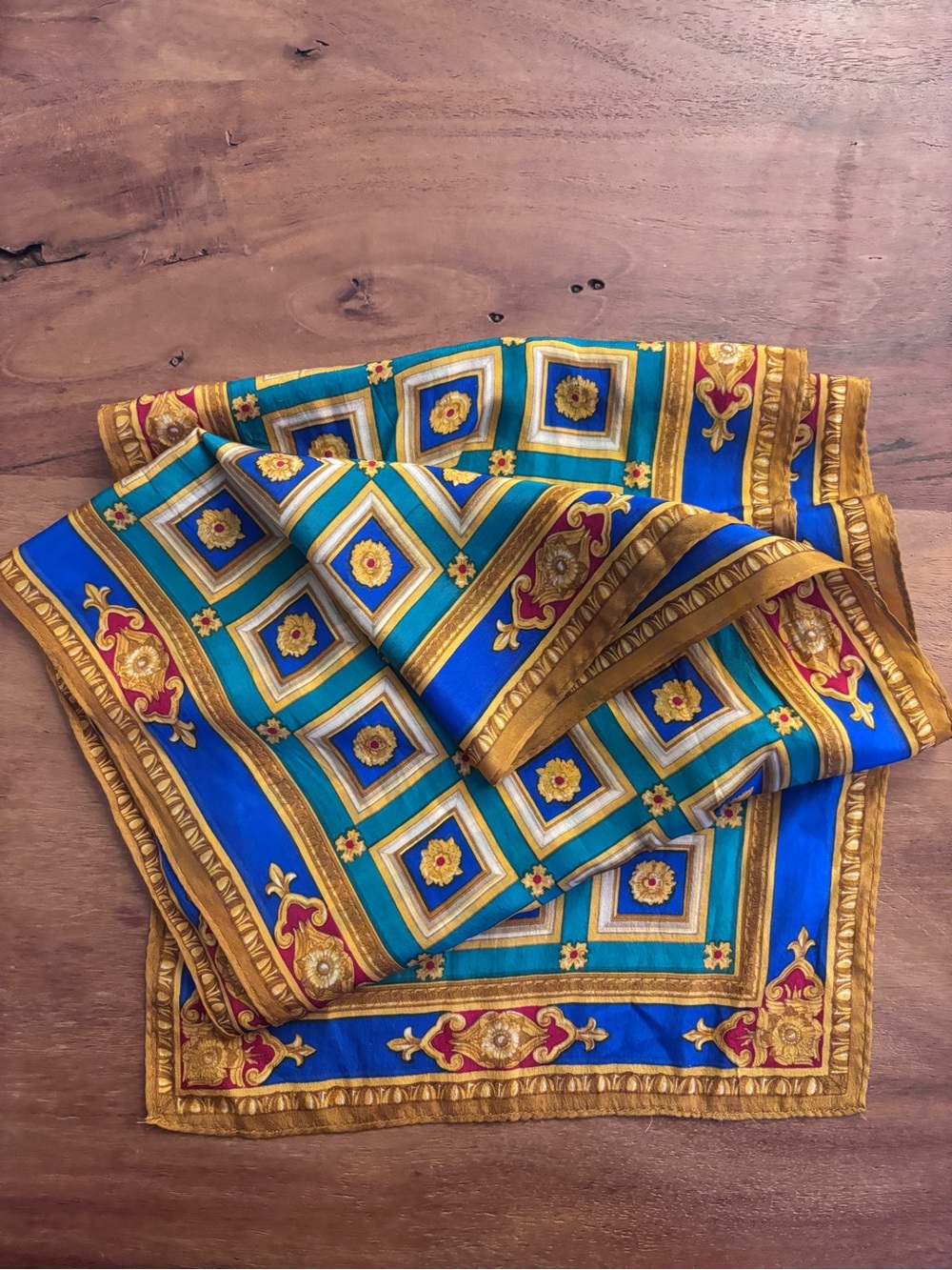 Vintage Echo Silk Scarf in Blue, Teal & Gold